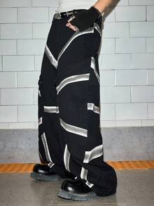 ROMWE MEN Street Life Jeans casuales de pierna ancha con parches y desgaste lavado para hombres - Negro - Ver 6