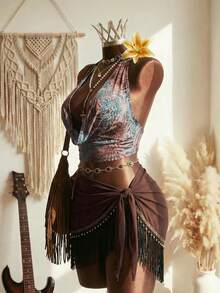 Elin Vora 春夏露背印花设计金属扣饰性感女式上衣 - 彩色 - 查看 3