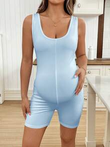 SHEIN Maternity Summer Solid Color Round Neck Sleeveless Fitted Jumpsuit - Baby Blue - View 4