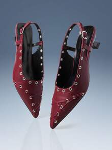 CUCCOO GRLICON Women's Rivet Buckle Pointed Toe High Heel Pumps - Burgundy - View 5