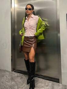 SHEIN EZwear Áo sơ mi nữ dài tay xếp ly màu trơn, đa năng, phù hợp mặc thường ngày và công sở, mùa xuân/thu. - Màu Hồng  San hô - Xem 3