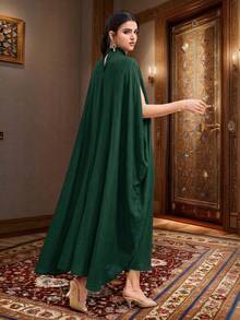 Al Najma Women's Vintage Stand Collar Cape Sleeve Loose Extra Long Dress - Dark Green - View 2