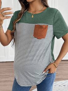 SHEIN Maternity Women's Striped Pocket Short Sleeve T-Shirt - Green - View 4