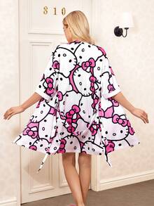 HELLO KITTY AND FRIENDS | SHEIN Women's Cartoon Pattern Belted Casual Short Sleeve Robe - White - View 9