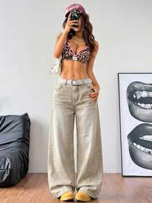 Coolane Damen Vintage Loose Fit Baggy Jeans mit Taschen - Khaki - Übersicht 2