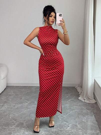 Rafferiza Women's Summer Red Polka Dot Asymmetrical Neckline Sleeveless Slim-Fit Slit Red Dress. A New Arrival In Fashionable Red Polka Dot Print, Suitable For Spring, Summer, Easter, Party, Elegant Party, Women's Summer Wear, Outings, Party Wear, Women's Beach Wear, Women's Beach Dress, Bridesmaid Dress, Outings, Summer Holiday Wear, Holiday, Women's Casual Dress, Women's Casual Polka Dot Dress, Red Dress.Summer,Spring,Easter,Festival,Party,Beach,Wedding,Graduation,Going Out,Prom,Birthday,Elegant,Vacation,Casual, Luxury,Sports,Formal,Graduation Season Attire, Fashionable Casual Commuter Wear, Business Office Wear, Versatile And Stylish Everyday Casual Wear, Urban Teacher's Professional Attire