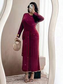 Modelyn Abito elegante da donna in stile francese, con patchwork, volant asimmetrici e maniche lunghe aderenti - Bordò - Visualizzare 5