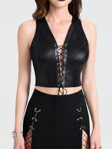 Breakform Áo hai dây lửng ôm sát, kiểu dáng Gothic gợi cảm dành cho nữ, chất liệu dệt kim dập nổi họa tiết da cá sấu, thiết kế mở phía trước, có lỗ xỏ trang trí và dây rút. - màu đen - Xem 6