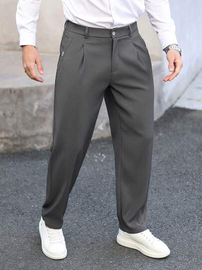 Manfinity Mode Pantalones casuales de negocios para hombres con bolsillos en diagonal y pliegues