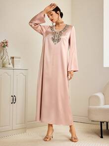 Al Najma Women's V-Neck Turkish Maxi Dress, Traditional Arabic Long Robe - Apricot - View 4