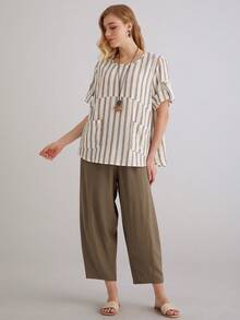 Parysyn Áo sơ mi nữ cỡ lớn kẻ sọc cổ tròn tay ngắn vạt gập, kiểu dáng rộng rãi, thoải mái - màu nâu - Xem 5