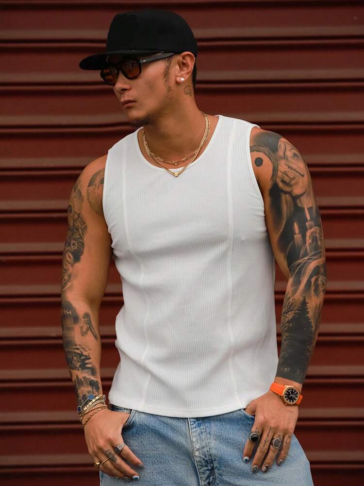 Men's Slim Fit Solid White Textured Fabric Tank Top, Summer