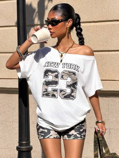 Muchica Women's Summer New Camouflage Pattern Asymmetrical Shoulder T-Shirt And Shorts Set  For Going Out Outfits, Streetwear