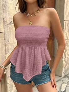 Top bandeau de diseño fruncido de unicolor con bajo asimétrico de moda para vacaciones de mujer - Rosa Pálido - Ver 3