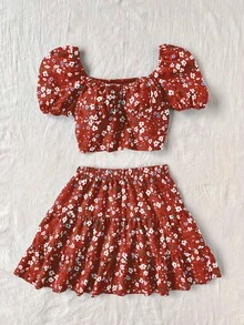 Sweetra 2pcs/Set Ditsy Floral Puff Sleeve Top And Mini Skirt - Rust Brown - View 4