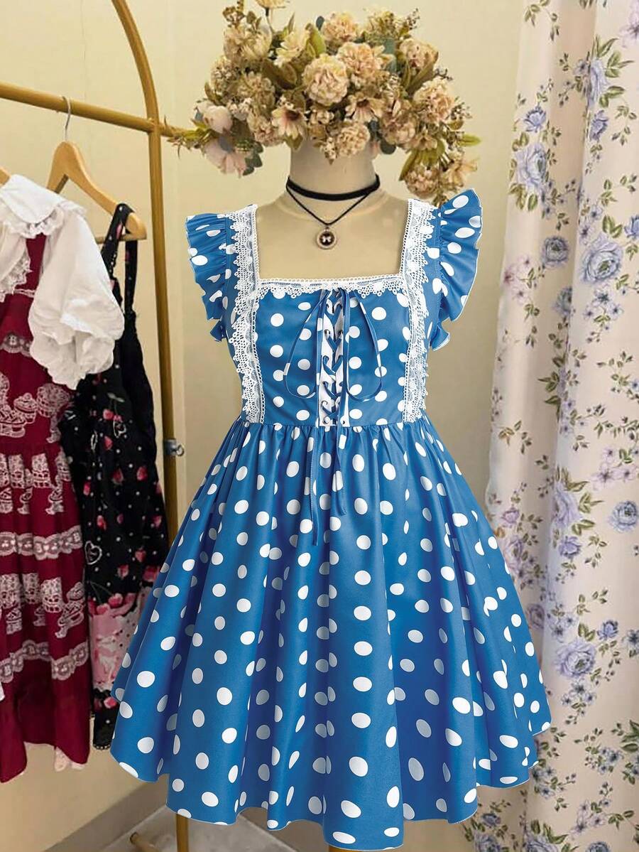 Sweetra Vestido de talla grande con parches de lunares y volantes, para primavera/verano - Azul - Ver 1