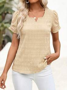 EMERY ROSE 女士夏季短袖V领褶皱袖口衬衫 - 卡其色 - 查看 6