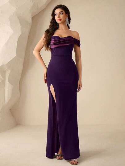 Coutiva Elegant Party Solid Color High Slit Bridesmaid Dress