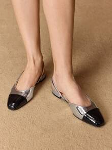 MOTF SPRING AND SUMMER NEW SPLICING SMALL ROUND TOE WOMEN'S SHOES, SLINGBACK LOW VAMP FLAT SHOES WOMEN SPRING SHOES - Black Silver - View 8