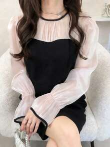 FRIFUL Women's Round Neck Chiffon Mesh Patchwork Flare Sleeve Contrast Color Sweet Casual Party Dress Sundress - Black - View 4