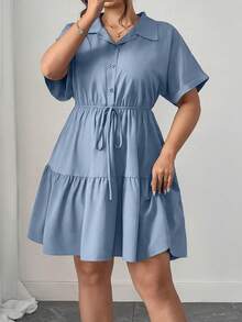 Elenzga Đầm sơ mi dáng rộng, thoải mái, cỡ lớn với nhiều chi tiết tinh tế. - Màu xanh bụi bặm - Xem 5
