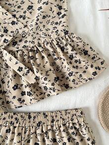 SHEIN 2pcs/Set Tweeb Girl Ditsy Floral Sleeveless Top & Loose Casual Pants Set - Khaki - View 4