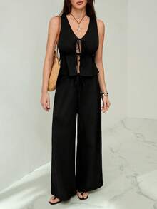 SHEIN Tall Black Knit Women's Casual Vacation Set - Black - View 1