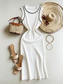 Breezaya Elegant Black And White Summer Office Bodycon Dress,Women's Round Neck Contrast Trim Ribbed Knit Maxi Dress,French Chic Sleeveless Slim White Dress - White - View 4