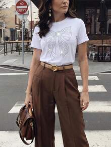 Anewsta Women's Elegant And Fashionable Rhinestone Embellished T-Shirt, Suitable For Daily Commute Rhinestone Tops Women's Graphic Tees - White - View 3