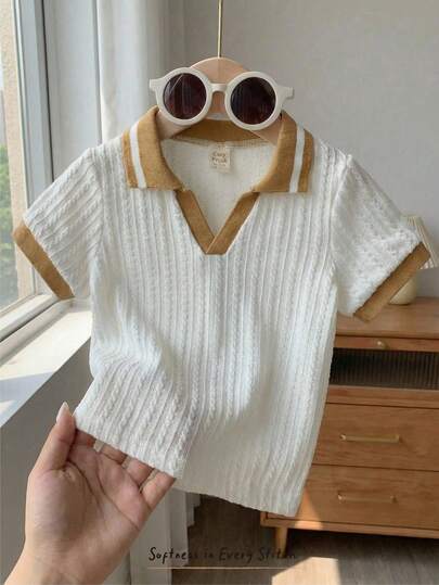 Cozy Pixies Baby Boy Loose Fit Polo Shirt With Mandarin Collar, Short Sleeve, Half-Placket, Fabric