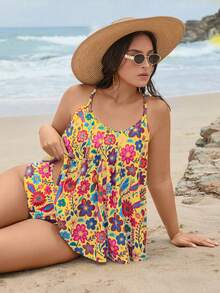 Swim Lushoire 2026 Set Baju Renang Tankini Wanita Ukuran Plus Terbaru, Baju Renang Dua Potong Motif Cetak Pinggang Tinggi dengan Hiasan Ruffle - Kuning - View 6