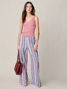 Nöista Wide-Leg Pants Vertical Stripes With A Elastic Waistband. Set, Co-Ords, Summer, Spring, Women. Woman Outfit. - Blue - View 4