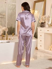 条纹仿丝绸翻领女士睡衣套装 - 彩色 - 查看 2