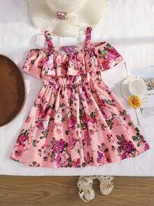 Emery Rose Kids 少女碎花荷叶边吊带连衣裙 - 粉色 - 查看 2