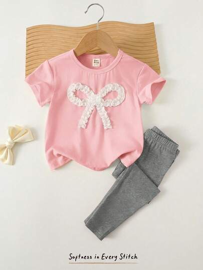 Cozy Pixies 2pcs Baby Girl Bow Decor Knit Soft Round Neck Short Sleeve Top And Elastic Waist Pants Set