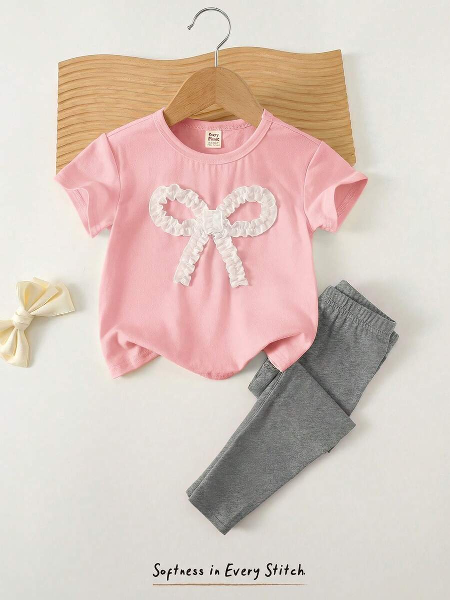 Cozy Pixies 2pcs Set Baju Bayi Perempuan Rajut Lembut Leher Bulat Lengan Pendek dengan Hiasan Pita dan Celana Pinggang Elastis, Bayi Perempuan - MultiWarna - View 1