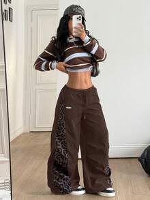 Coolane 女士春夏音乐会街头风撞色降落伞裤 - 棕色 - 查看 5