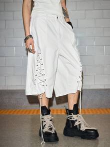 ROMWE MEN Street Life Men's Casual Minimalist White Tie-Up Shorts, Daily Wear - White - View 4