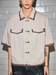 ROMWE MEN Grunge Punk Men's Spray-Dyed Brown Casual Denim Shirt With Metal Buttons - Brown - View 1