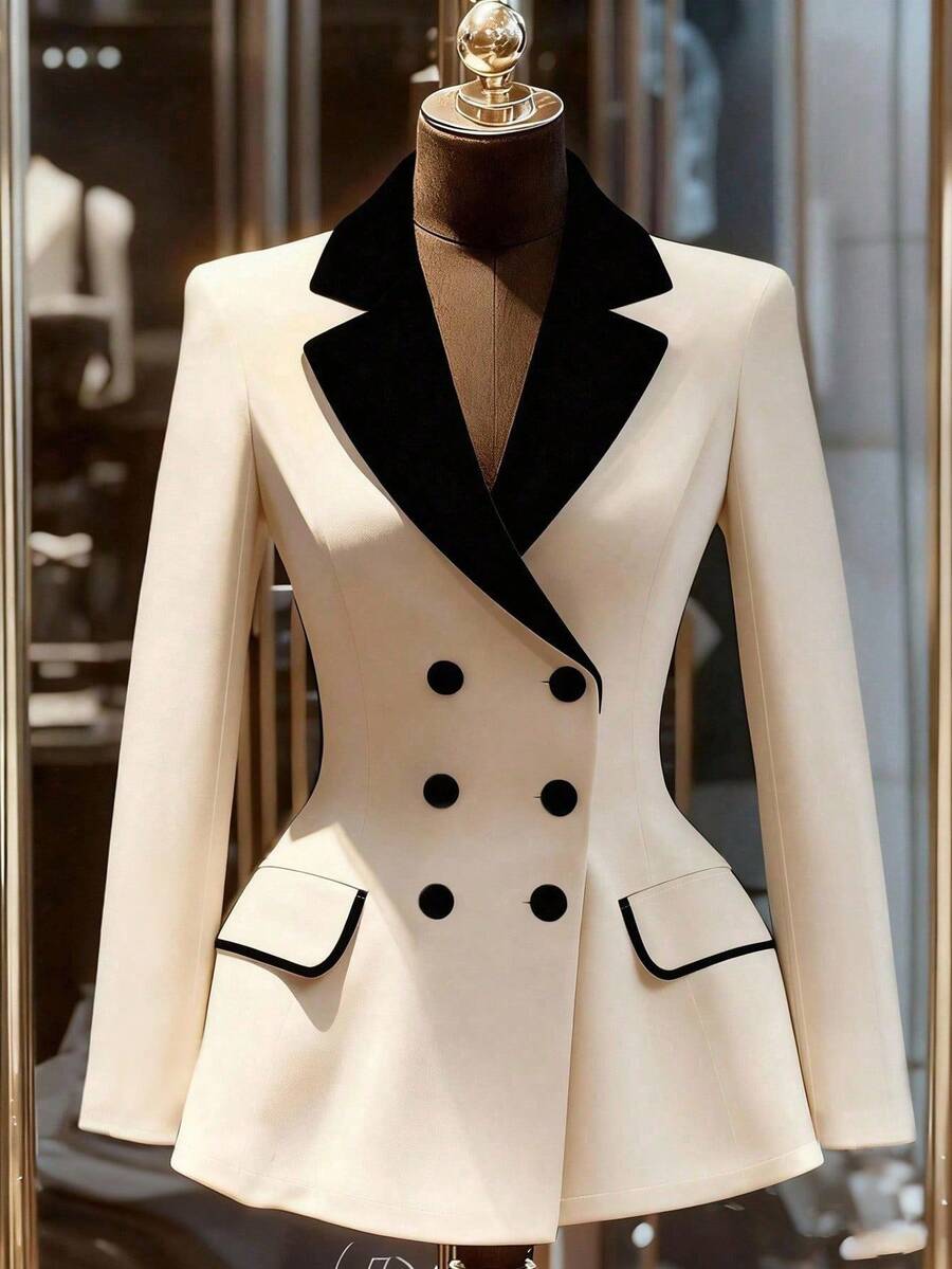 Franclia Áo blazer nữ cỡ lớn thời trang công sở mùa xuân/hè mới, kiểu dáng đa năng, cài khuy đôi, ve áo phối màu tương phản, áo khoác ngoài thanh lịch mùa thu, trang phục công sở thường ngày cho nữ, blazer tinh tế mùa thu, trang phục công sở thường ngày cho nữ, nữ văn phòng/giáo viên, blazer thanh lịch, phù hợp cho công việc hàng ngày, có thể mặc như bộ vest công sở thường ngày cho nữ. - Màu be - Xem 1