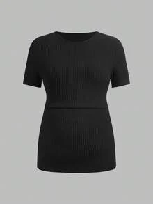 SHEIN Maternity & Nursing Casual Ribbed Crew Neck Short Sleeve Top, Summer - Green - View 8