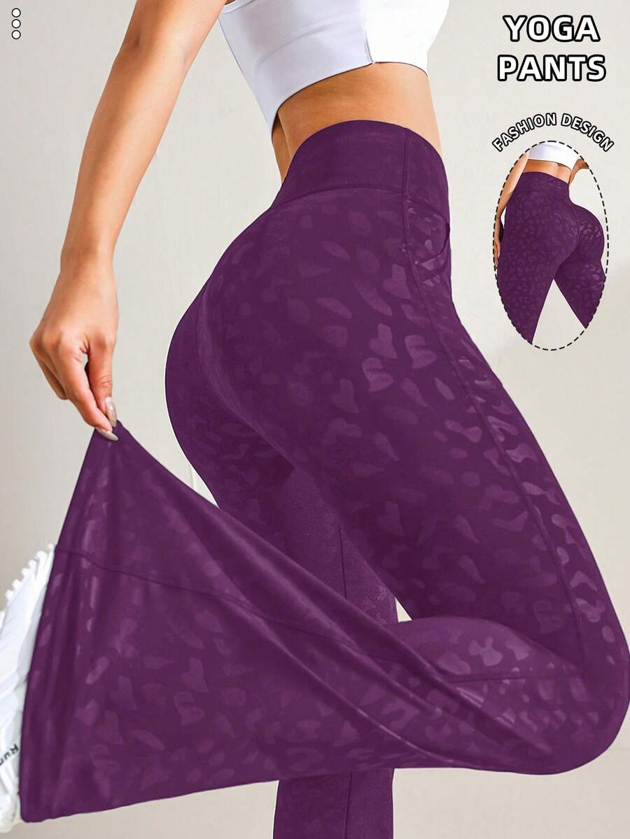 SHEIN Sports 纯色印花高腰口袋拼接喇叭裤 - Bold Plum - 查看 1