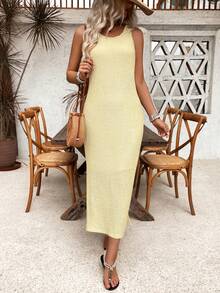Breezaya Women's Loose Waffle Weave Sleeveless Dress With Lace Back And Side Slit Maxi Vacation Beach Outfit - Light Yellow - View 5