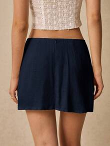 Poéselle 女士极简设计裹身休闲纯色夏季短裤 - 藏蓝色 - 查看 3