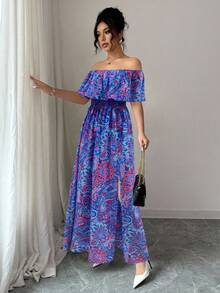 Rafferiza Đầm maxi nữ họa tiết hoa, trễ vai, vạt trước ngắn vạt sau dài, viền bèo nhún, thích hợp cho kỳ nghỉ biển. - Nhiều màu - Xem 3