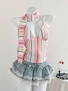 Elamini Women's Y2K Pink Striped Textured V-Neck Halter Backless Tie Camisole Top, Elegant Romantic Bohemian Vacation Beach , Versatile For Spring/Summer Daily Wear - Pink - View 7