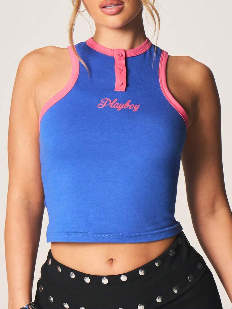 Missguided x Playboy Contrast Binding Button Front Racer Back Tank Top Embroidered Polyester Sleeveless Summer Casual Crop Top With Decorative Trim Sporty Style Tank Top