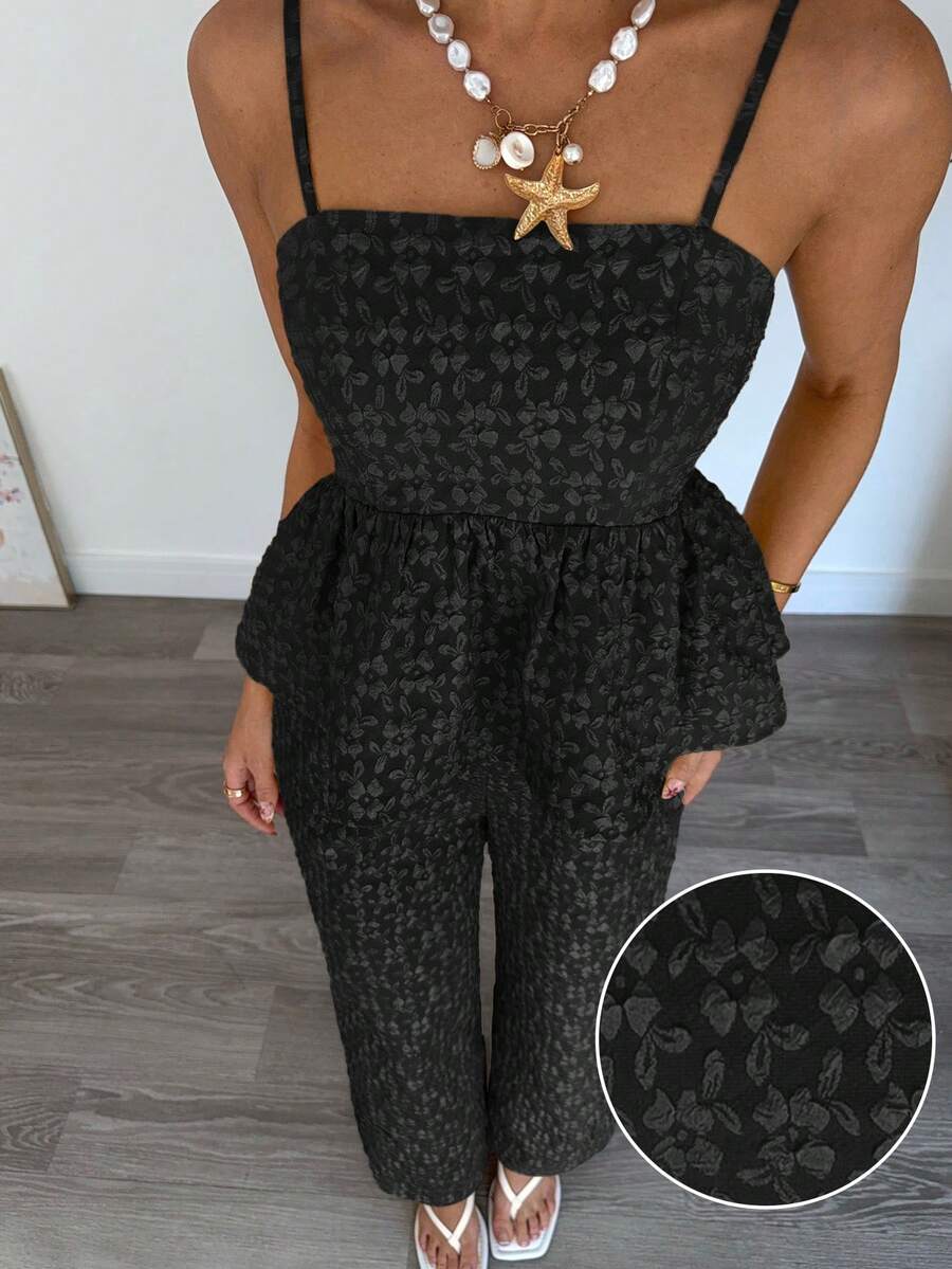 Siren Gaze 2件套女士花卉提花荷叶边下摆吊带背心上衣和裤子 - 黑色 - 查看 1