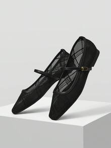 MOTF Sepatu Flat Jaring Transparan Kasual Wanita untuk Perjalanan Sehari-hari, Sepatu Musim Semi - Hitam - View 4
