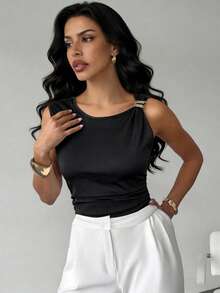 Ritzy Row Women's Sexy Bodysuit With Gold Buckle Embellishments, Valentine's Day Outfit, Sexy Outfit, Black Clothes With Gold Buckle Embellishments, Spring/Summer/Autumn Clothes, Black Jumpsuit, Black Bikini, Women's Beachwear, Beach Outfits, Carnival Outfits, 2026 Carnival Women's Styling, Summer Holiday Outfits, Spring Break Outfits, Women's Elegant Beach Swimwear. - Black - View 1